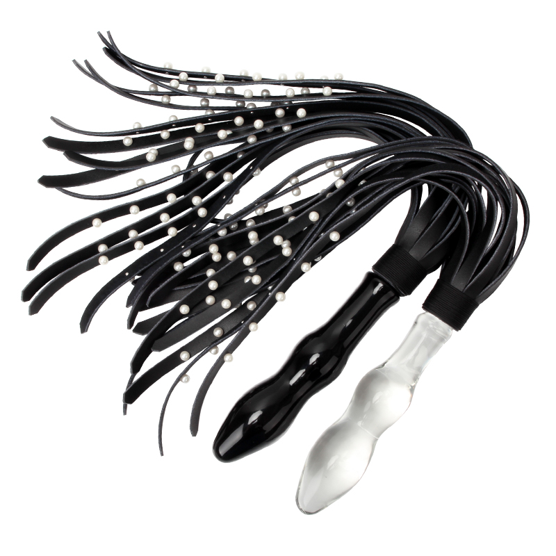 Genuine Leather Pearl Whip Black Transparent Glass Anal Plug Adult Anal Toys